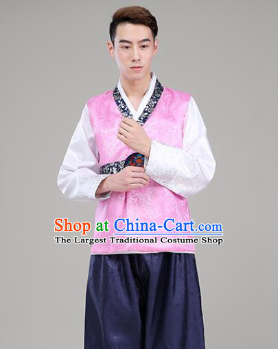 Korea Traditional Male Wedding Hanbok Suits Court Clothing Korean Prince Pink Vest White Shirt and Navy Pants Costumes