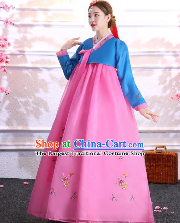 Korea Traditional Hanbok Embroidered Blue Blouse and Rosy Dress Asian Korean Court Uniforms Ancient Princess Clothing
