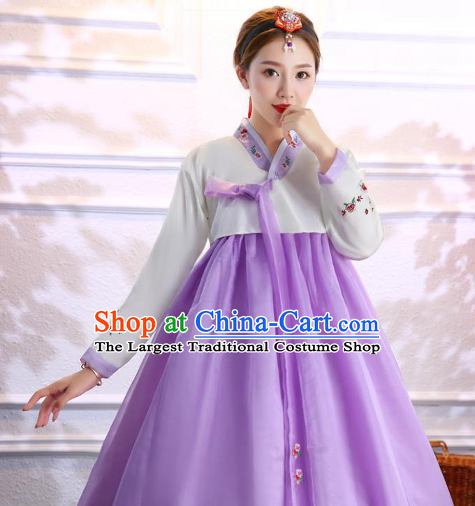 Korea Ancient Bride Clothing Asian Traditional Hanbok Embroidered White Blouse and Purple Dress Korean Court Uniforms