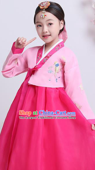 Asian Korea Traditional Girl Hanbok Clothing Korean Court Princess Garment Costumes Children Embroidered Pink Blouse and Rosy Dress