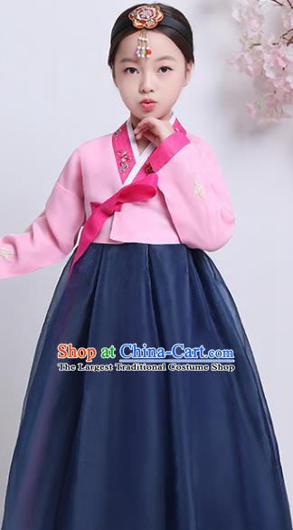 Korean Traditional Hanbok Clothing Asian Court Princess Garment Costumes Korea Girl Embroidered Pink Blouse and Navy Dress