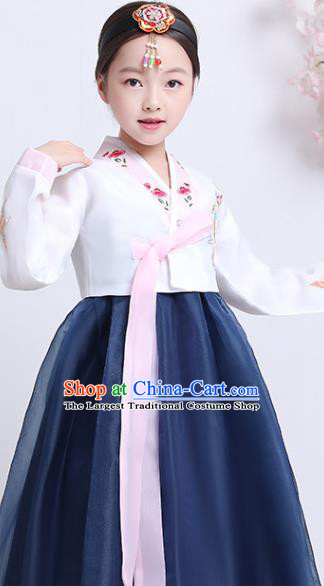 Korea Girl Embroidered White Blouse and Navy Dress Korean Traditional Hanbok Clothing Asian Court Princess Garment Costumes