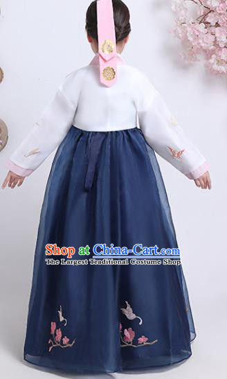 Korea Girl Embroidered White Blouse and Navy Dress Korean Traditional Hanbok Clothing Asian Court Princess Garment Costumes