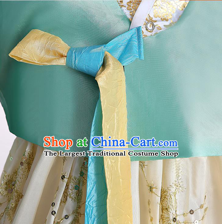 Korean Court Bride Fashion Garments Korea Wedding Clothing Asian Classical Dance Embroidered Green Blouse and Beige Dress Traditional Hanbok