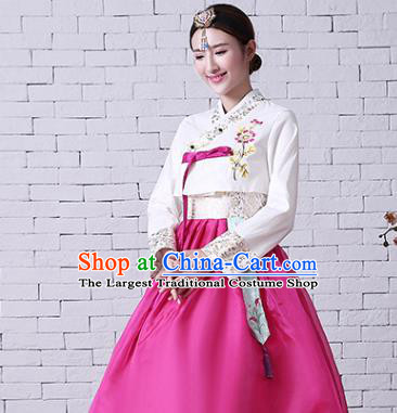 Korean Court Hanbok Traditional Bride Fashion Garments Korea Wedding Clothing Asian Classical Embroidered White Blouse and Rosy Dress
