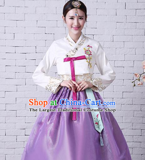 Korean Classical Embroidered White Blouse and Purple Dress Court Hanbok Asian Traditional Bride Fashion Garments Korea Wedding Clothing