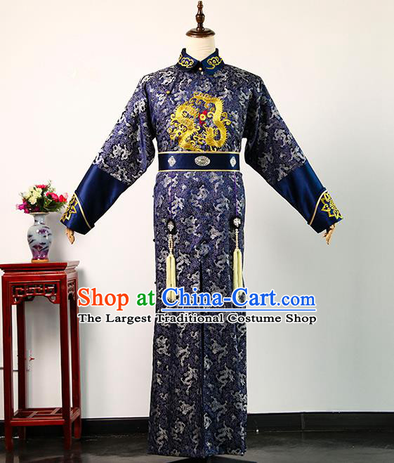 Chinese Qing Dynasty Manchu Childe Costume Ancient Noble Prince Clothing TV Story of Yanxi Palace Royal Highness Navy Long Robe