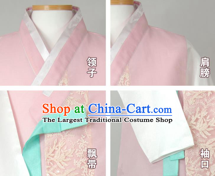 Korean Traditional Costumes Classical Wedding Bridegroom Clothing Korea Young Male Hanbok Pink Vest White Shirt and Navy Pants