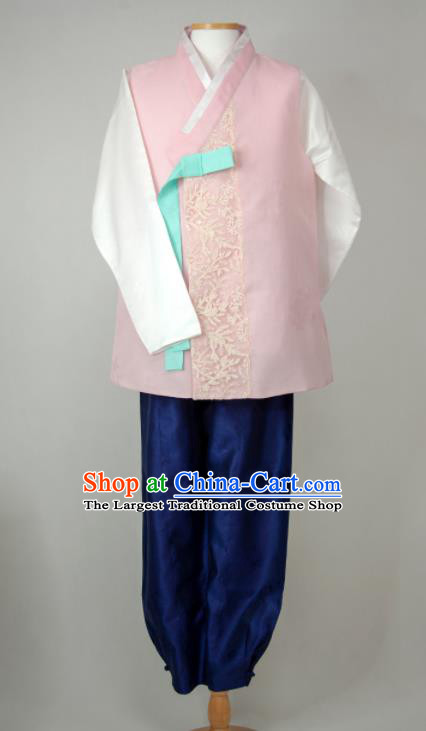 Korean Traditional Costumes Classical Wedding Bridegroom Clothing Korea Young Male Hanbok Pink Vest White Shirt and Navy Pants