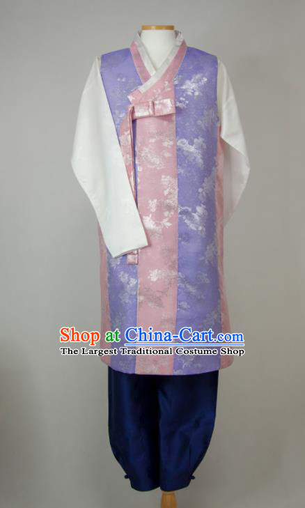Korea Young Male Hanbok Lilac Vest White Shirt and Navy Pants Korean Traditional Costumes Classical Wedding Bridegroom Clothing