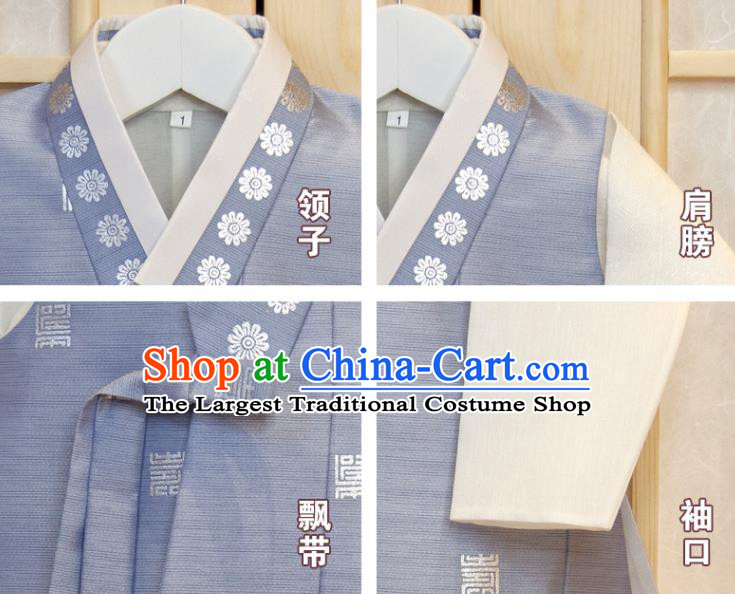 Korean Children Garment Costumes Boys Prince Birthday Hanbok Korea Traditional Fashion Clothing Blue Vest White Shirt and Beige Pants