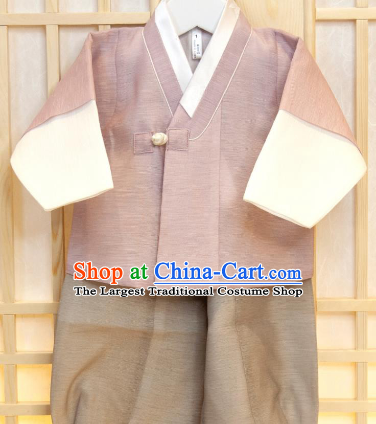Korean Children Garment Purple Vest Pink Shirt and Grey Pants Boys Prince Birthday Hanbok Costumes Korea Traditional Fashion Clothing