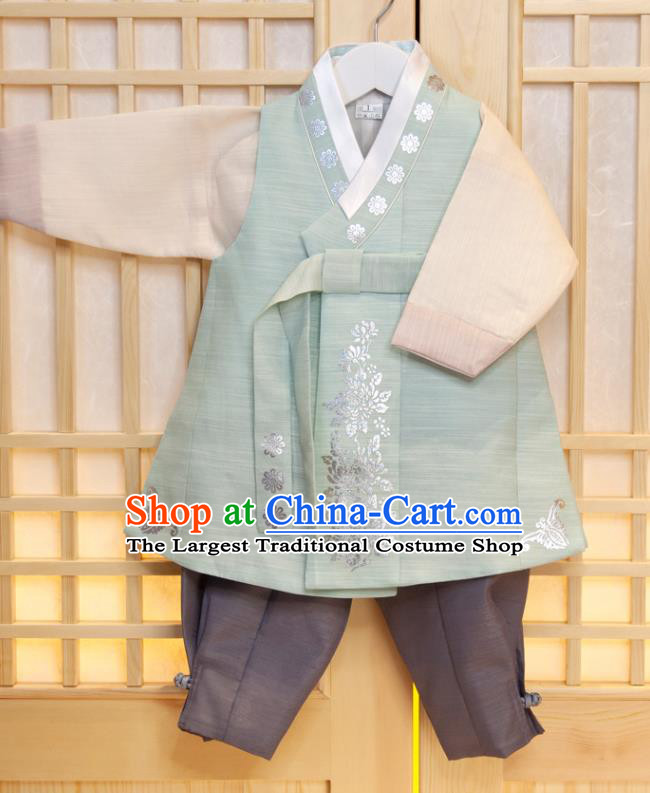 Korea Traditional Fashion Clothing Korean Children Garment Green Vest Beige Shirt and Grey Pants Boys Prince Birthday Hanbok Costumes