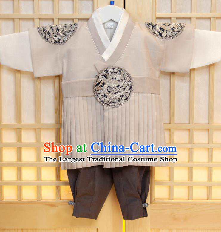 Korea Boys Prince Birthday Hanbok Costumes Traditional Fashion Clothing Korean Children Garment Beige Vest White Shirt and Grey Pants