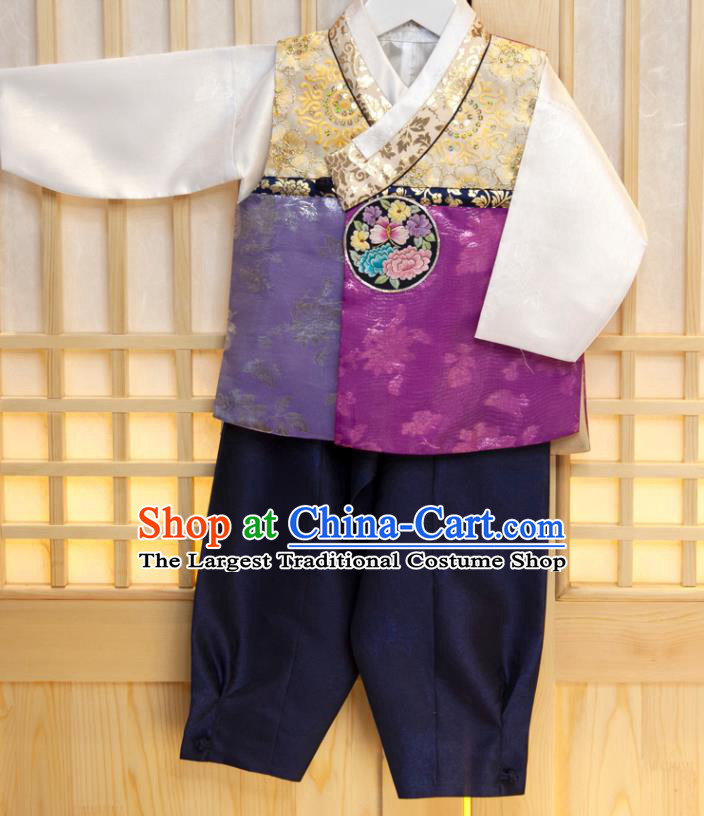 Korean Traditional Fashion Clothing Korea Children Garment Purple Vest White Shirt and Navy Pants Boys Prince Birthday Hanbok Costumes