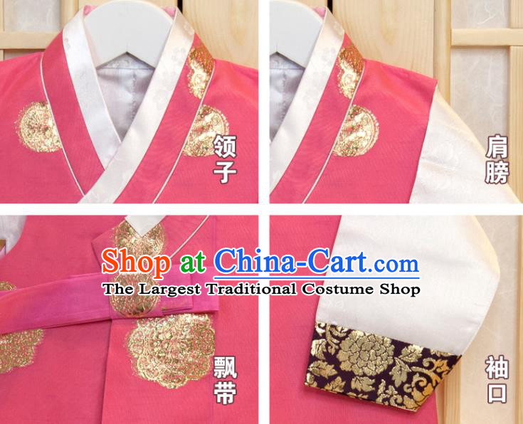 Korea Traditional Fashion Clothing Children Garment Pink Vest White Shirt and Navy Pants Korean Boys Prince Birthday Hanbok Costumes