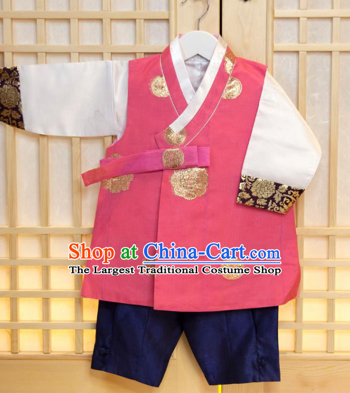 Korea Traditional Fashion Clothing Children Garment Pink Vest White Shirt and Navy Pants Korean Boys Prince Birthday Hanbok Costumes