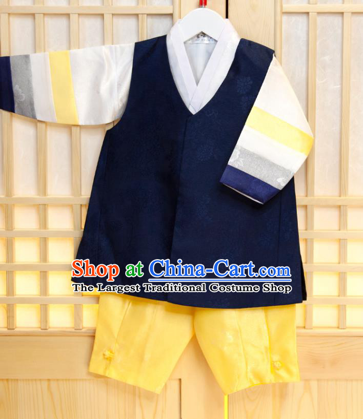 Korean Children Garment Navy Vest White Shirt and Yellow Pants Boys Prince Birthday Hanbok Costumes Korea Traditional Fashion Clothing