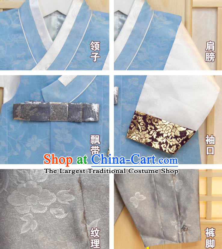 Korea Hanbok Clothing Korean Children Blue Vest White Shirt and Grey Pants Traditional Garment Costumes Boys Prince Birthday Fashion