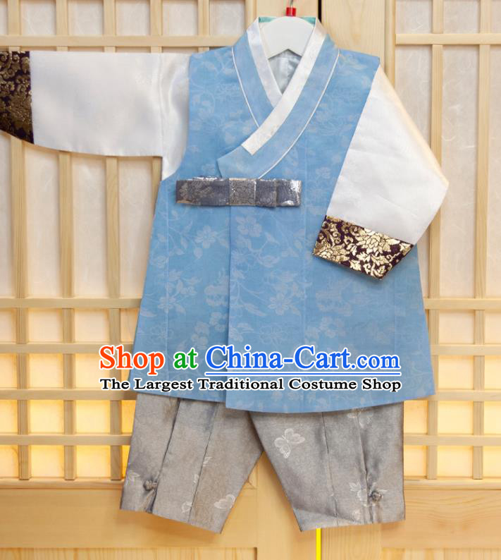 Korea Hanbok Clothing Korean Children Blue Vest White Shirt and Grey Pants Traditional Garment Costumes Boys Prince Birthday Fashion