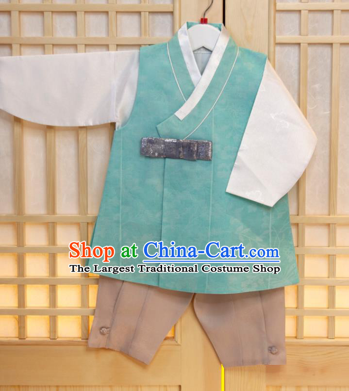 Korea Boys Prince Birthday Hanbok Costumes Traditional Fashion Clothing Korean Children Garment Green Vest White Shirt and Khaki Pants