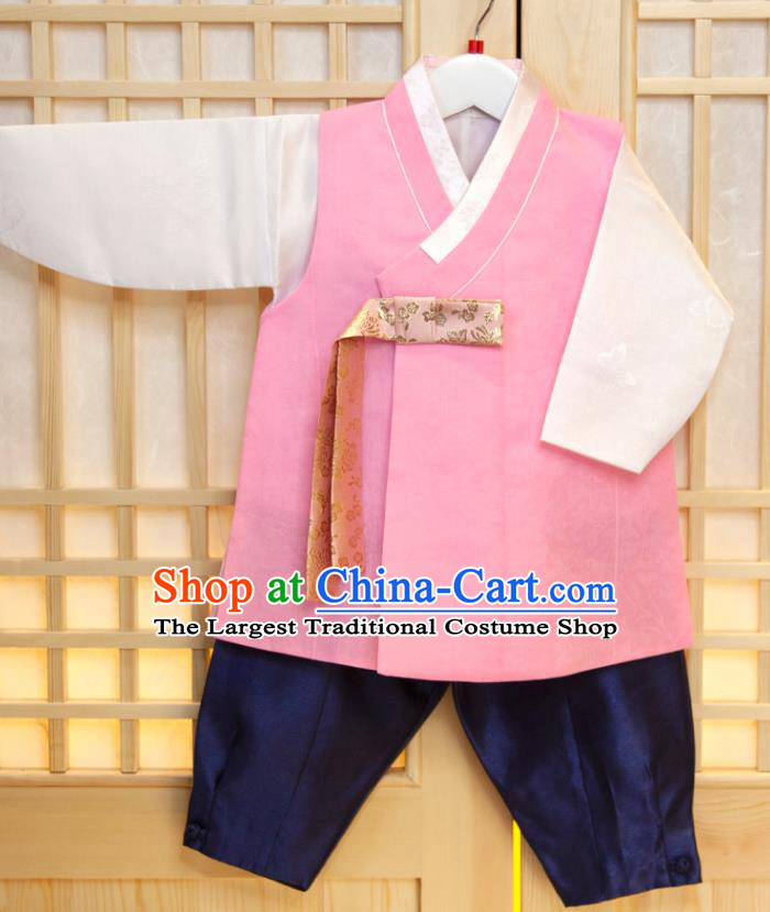 Korea Traditional Garment Costumes Boys Prince Birthday Fashion Hanbok Clothing Korean Children Pink Vest White Shirt and Navy Pants