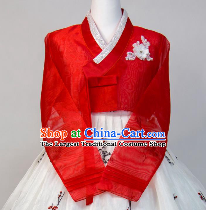 Korean Wedding Bride Fashion Costumes Traditional Festival Clothing Young Woman Hanbok Red Blouse and White Dress