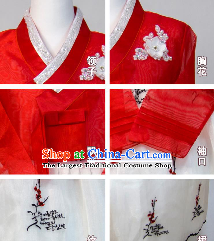 Korean Wedding Bride Fashion Costumes Traditional Festival Clothing Young Woman Hanbok Red Blouse and White Dress