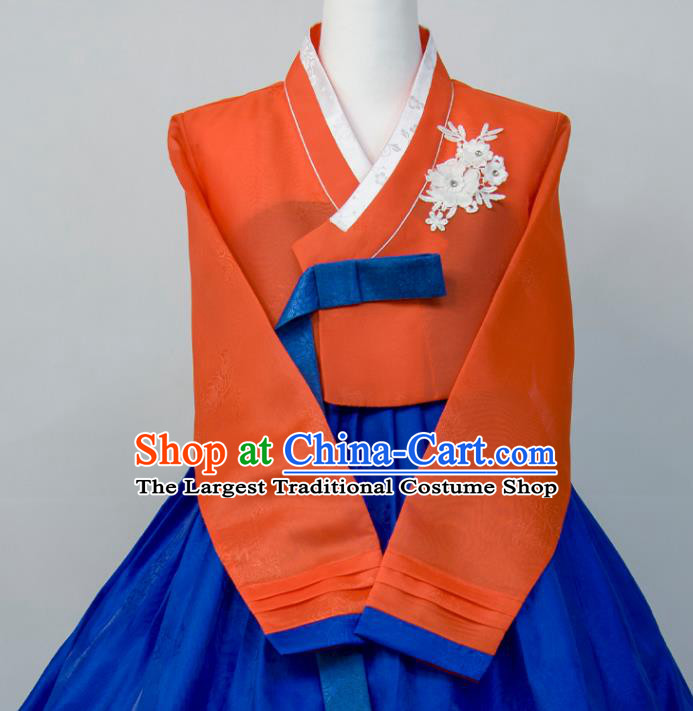 Korean Wedding Bride Fashion Costumes Traditional Festival Celebration Clothing Court Hanbok Orange Blouse and Royalblue Dress
