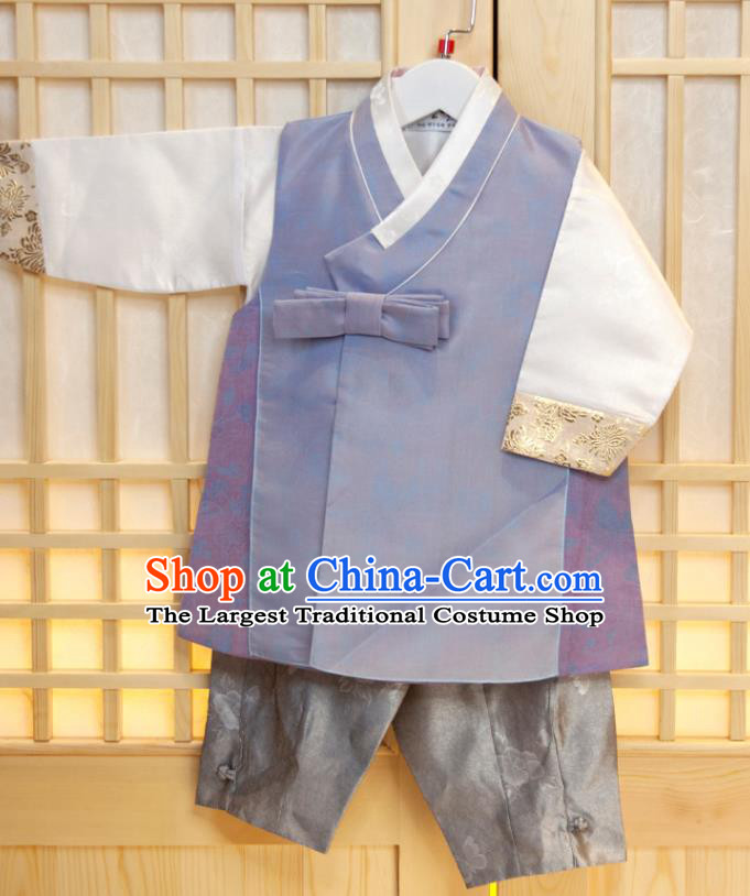 Korean Children Garment Lilac Vest White Shirt and Grey Pants Korea Boys Prince Birthday Hanbok Costumes Traditional Fashion Clothing
