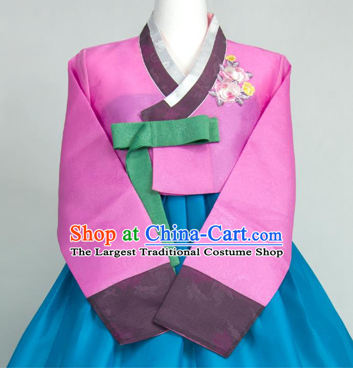 Korean Classical Bride Fashion Costumes Traditional Wedding Celebration Clothing Court Hanbok Embroidered Violet Blouse and Blue Dress