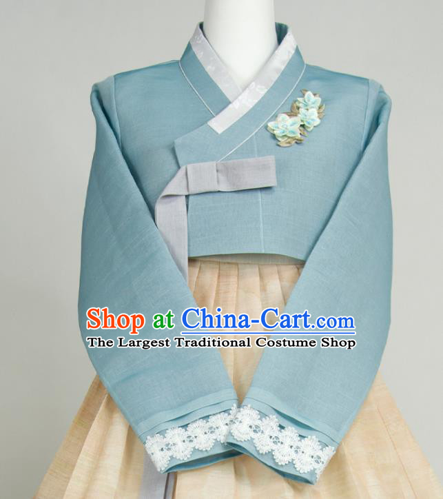 Korea Bride Fashion Costumes Traditional Wedding Celebration Clothing Korean Classical Hanbok Blue Blouse and Beige Dress