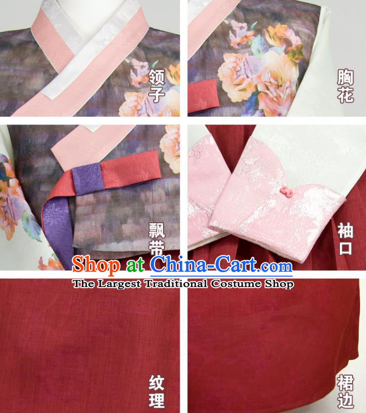 Korean Bride Mother Fashion Costumes Korea Classical Hanbok Printing Grey and Wine Red Dress Traditional Wedding Celebration Clothing