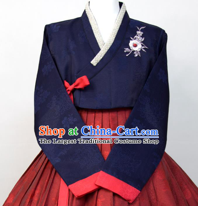 Korea Classical Hanbok Navy and Dark Red Dress Korean Traditional Wedding Mother Clothing Celebration Fashion Costumes
