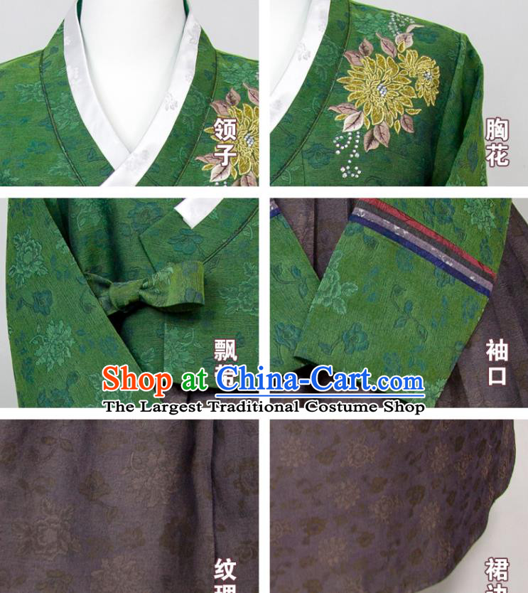 Korea Traditional Festival Clothing Wedding Celebration Mother Fashion Costumes Korean Elderly Woman Classical Hanbok Green and Grey Dress
