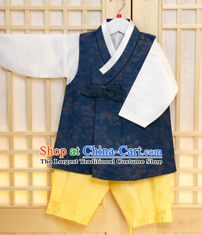 Korea Boys Prince Birthday Fashion Costumes Korean Traditional Hanbok Clothing Children Garment Navy Vest White Shirt and Yellow Pants