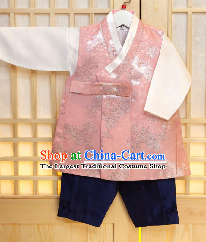 Korean Children Pink Vest White Shirt and Navy Pants Korea Traditional Garment Costumes Boys Prince Birthday Fashion Hanbok Clothing