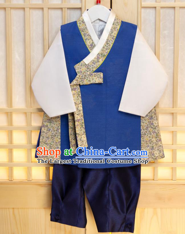 Korea Traditional Garment Costumes Korean Boys Prince Birthday Fashion Hanbok Clothing Children Blue Vest White Shirt and Navy Pants