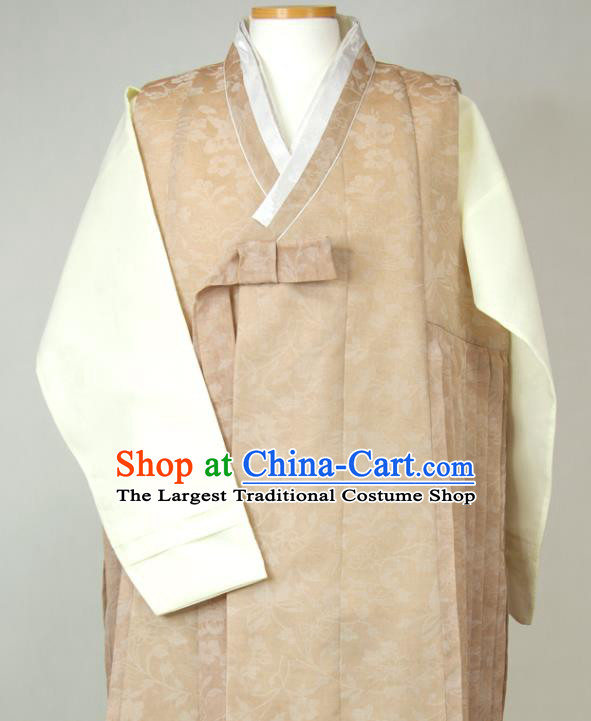 Korea Classical Wedding Bridegroom Clothing Korean Young Male Hanbok Khaki Long Vest Beige Shirt and Grey Pants Traditional Costumes