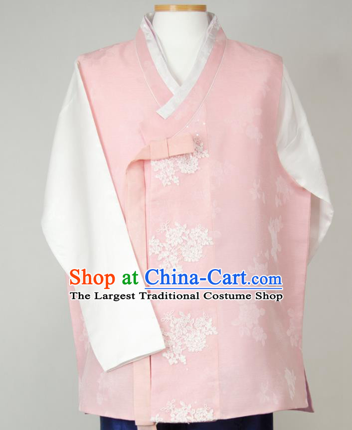 Korea Traditional Costumes Classical Wedding Bridegroom Clothing Korean Hanbok Young Male Pink Vest White Shirt and Navy Pants