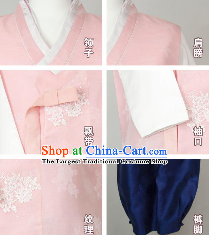 Korea Traditional Costumes Classical Wedding Bridegroom Clothing Korean Hanbok Young Male Pink Vest White Shirt and Navy Pants