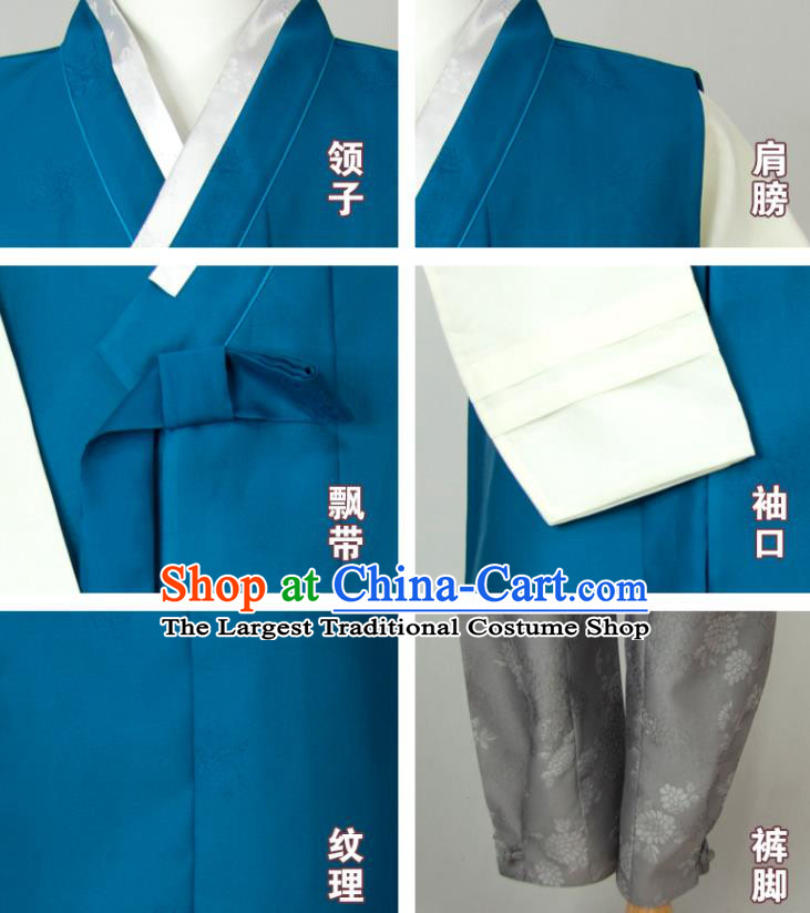 Korea Young Male Blue Long Vest White Shirt and Grey Pants Traditional Costumes Classical Wedding Bridegroom Clothing Korean Hanbok