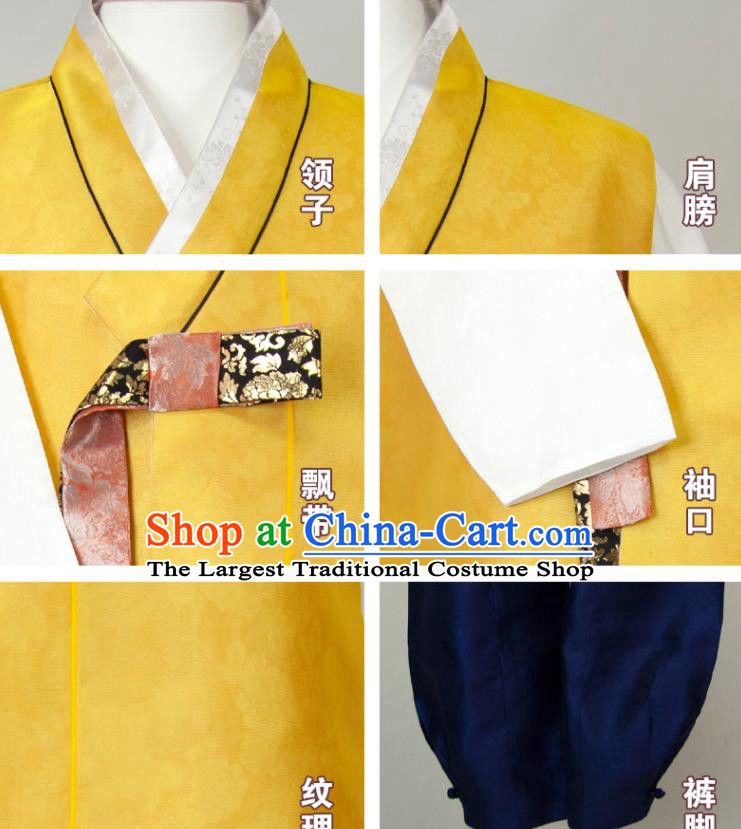 Korea Classical Wedding Bridegroom Clothing Korean Hanbok Young Male Yellow Long Vest White Shirt and Navy Pants Traditional Costumes
