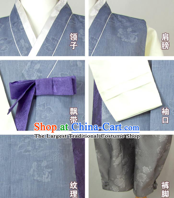 Korea Traditional Costumes Classical Wedding Bridegroom Clothing Korean Hanbok Young Male Blue Long Vest White Shirt and Grey Pants