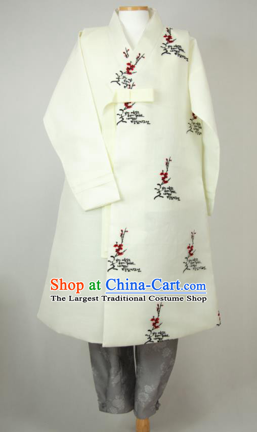 Korea Young Male Beige Long Vest Shirt and Grey Pants Traditional Festival Costumes Bridegroom Clothing Korean Wedding Hanbok