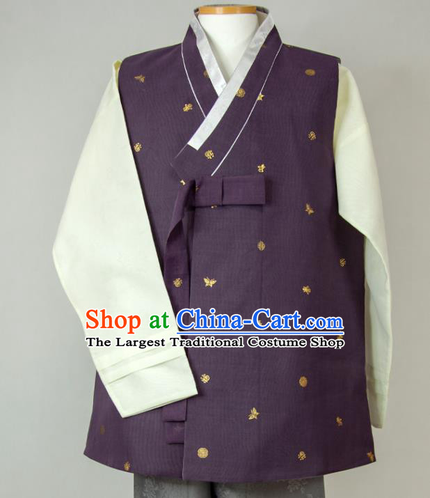 Korea Young Man Purple Vest Beige Shirt and Grey Pants Korean Traditional Festival Costumes Bridegroom Clothing Wedding Hanbok