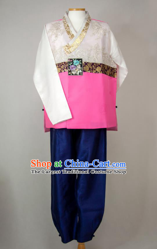 Korea Wedding Hanbok Young Man Embroidered Shirt and Navy Pants Korean Traditional Festival Costumes Bridegroom Clothing