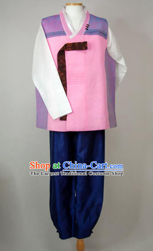 Korean Young Man Pink Vest White Shirt and Navy Pants Traditional Festival Costumes Korea Bridegroom Clothing Wedding Hanbok