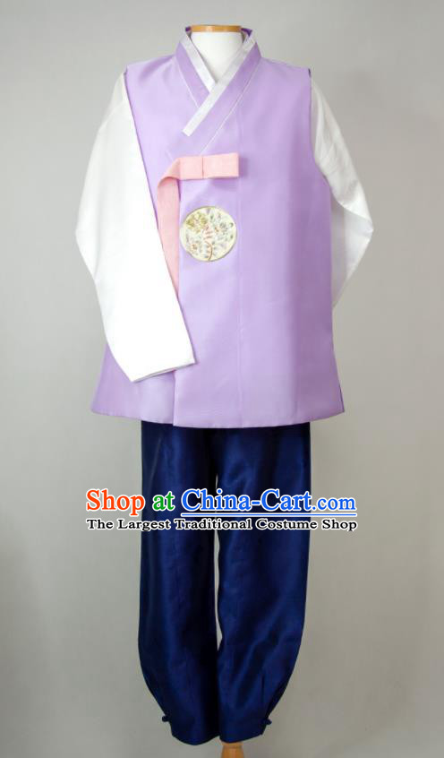Korea Bridegroom Clothing Korean Wedding Hanbok Young Man Lilac Vest White Shirt and Navy Pants Traditional Festival Costumes