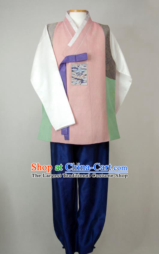 Korea Young Man Pink Vest White Shirt and Navy Pants Traditional Festival Costumes Bridegroom Clothing Korean Wedding Hanbok